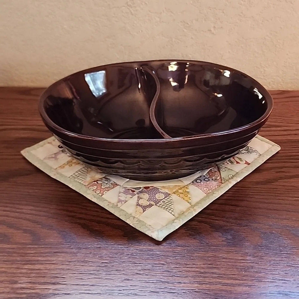 Marcrest Stoneware Daisy Dot Brown Divided Serving Dish Bowl Ovenproof Vintage